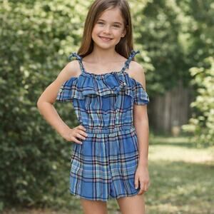Tea Collection Girls 16 Blue Plaid Cotton Romper Jumpsuit Summer Outfit